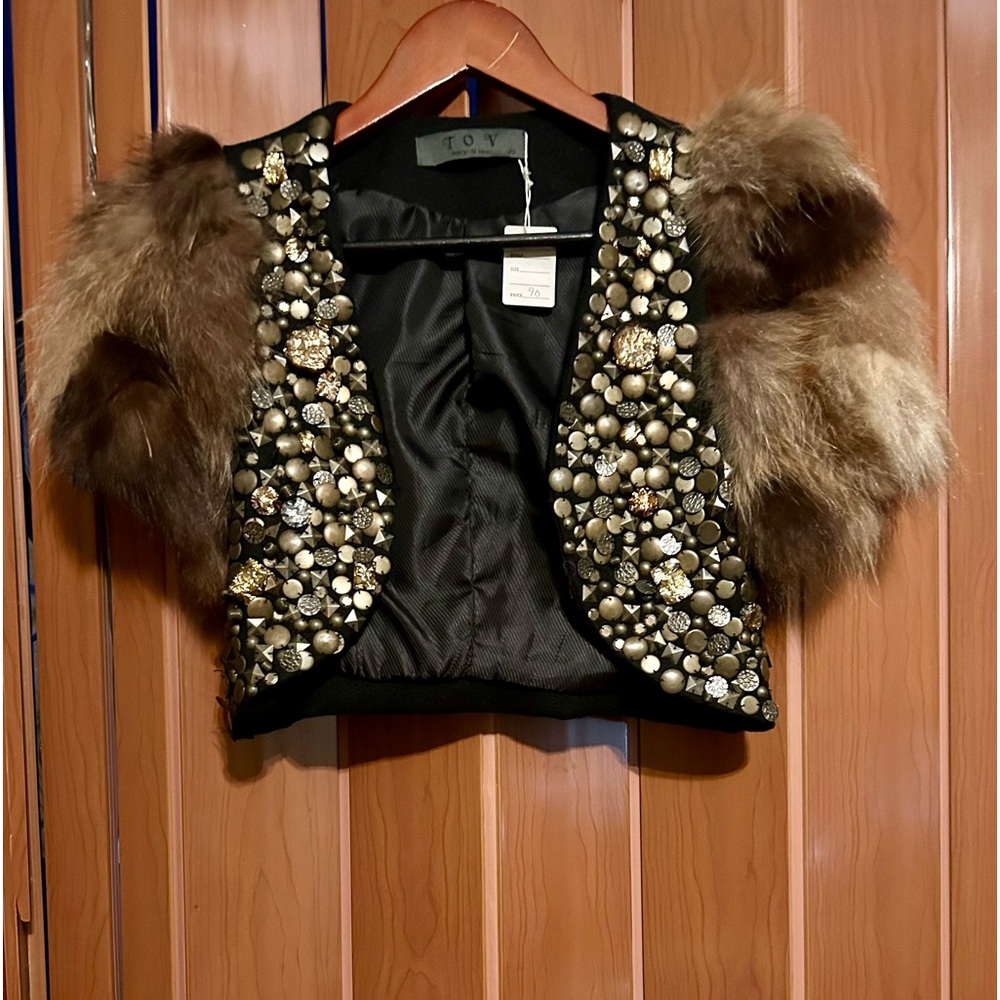 TOV Holy Black Embellished Bolero with Brown Fur Sleeves